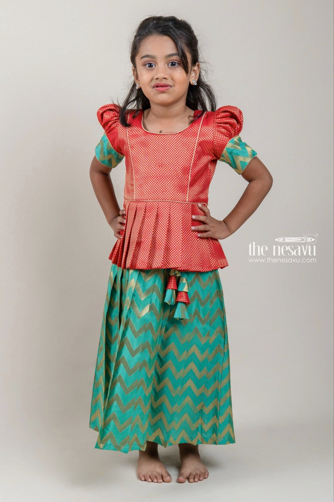 The Nesavu Pattu Pavadai Orange Brocade Designer Silk Blouse with Green Silk Skirt for Girls Nesavu 14 (6M) / Green / Jacquard GPP275A-14 Orange Brocade Silk Blouse with Green Silk Skirt | Traditional Pattu Pavadai |The Nesavu