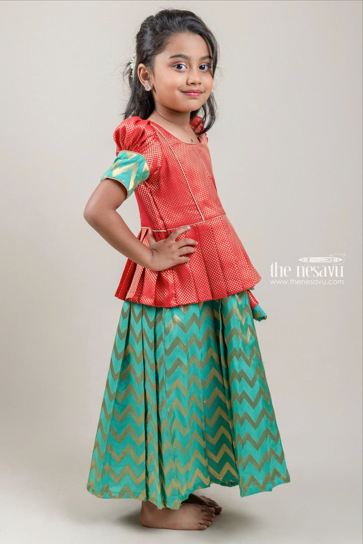 The Nesavu Pattu Pavadai Orange Brocade Designer Silk Blouse with Green Silk Skirt for Girls Nesavu Orange Brocade Silk Blouse with Green Silk Skirt | Traditional Pattu Pavadai |The Nesavu