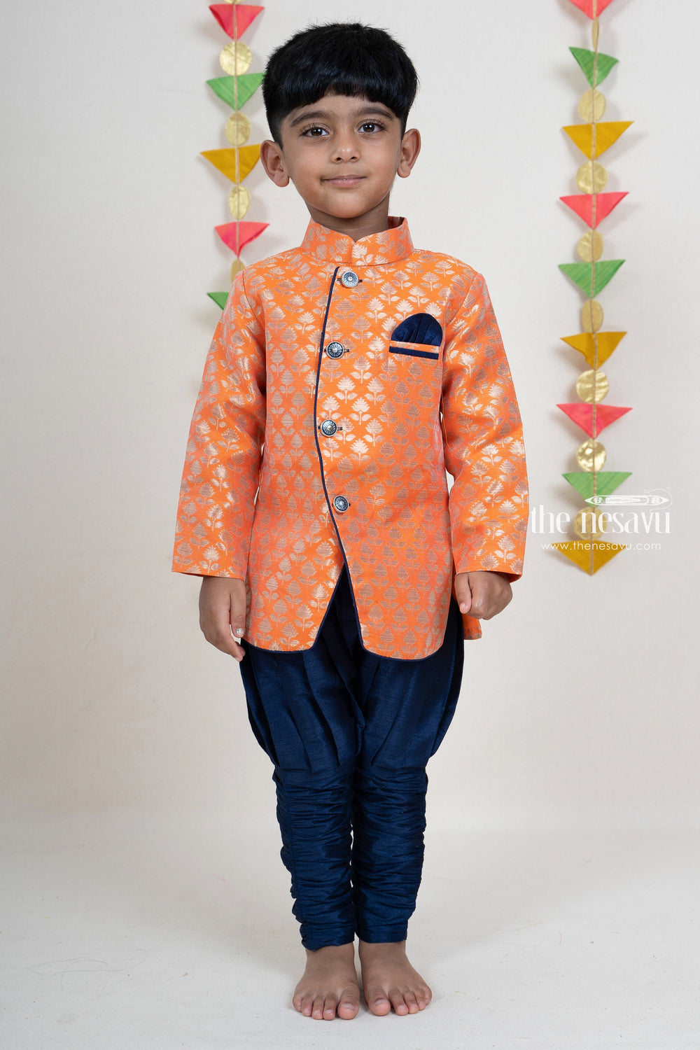 The Nesavu Boys Kurtha Set Orange Brocade Silk Cotton Fancy Kurta Wear For Boys Nesavu Orange Kurta Party Wear Dresses | Navy Blue Gathering Kurta Pants | The Nesavu