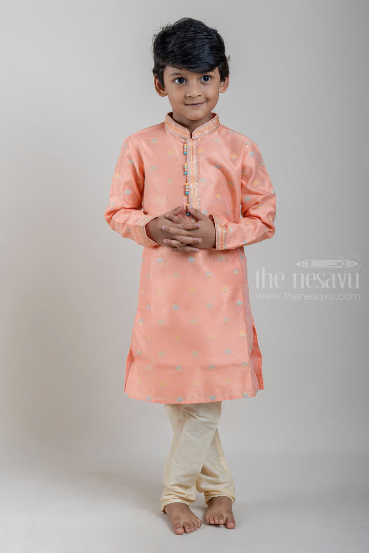 The Nesavu Ethnic Sets Orange Diamond Shape Pattern Designer Boys Ethnic Kurta WithHalf White Pant Set psr silks Nesavu