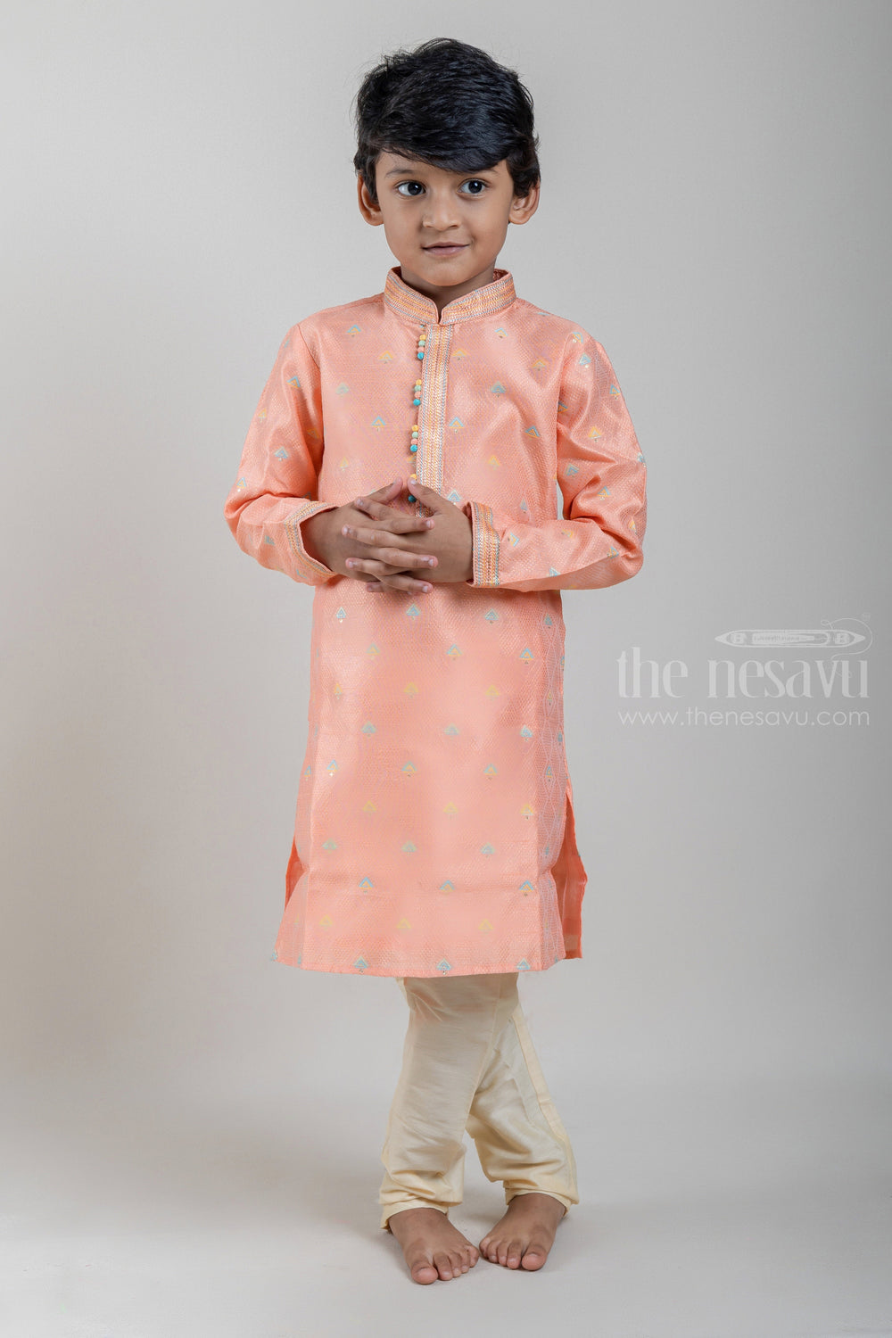 The Nesavu Ethnic Sets Orange Diamond Shape Pattern Designer Boys Ethnic Kurta WithHalf White Pant Set psr silks Nesavu