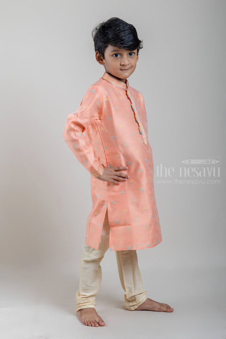 The Nesavu Ethnic Sets Orange Diamond Shape Pattern Designer Boys Ethnic Kurta WithHalf White Pant Set psr silks Nesavu