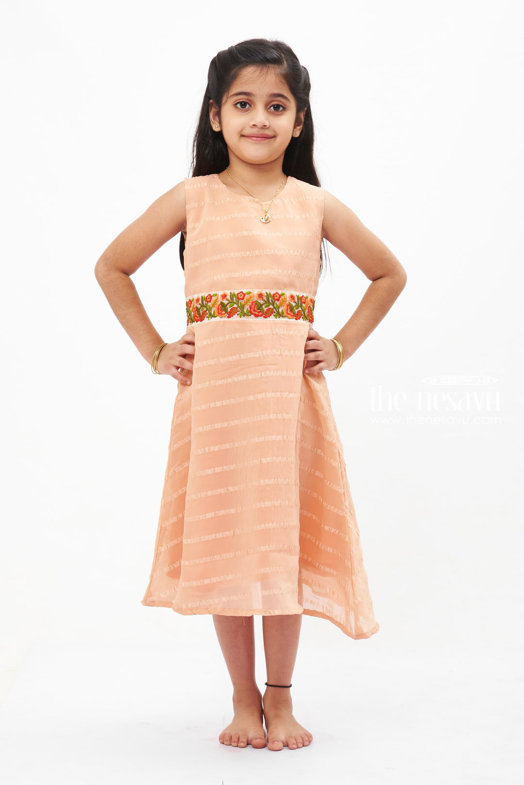 The Nesavu Girls Fancy Frock Orange Perfection Fancy Frock: Delicate Embroidery and Soft Stripes for Girls Nesavu 18 (2Y) / Orange GFC1212C-18 Girls Orange Cotton Embroidered Frock | Elegant Party Wear for Kids | The Nesavu