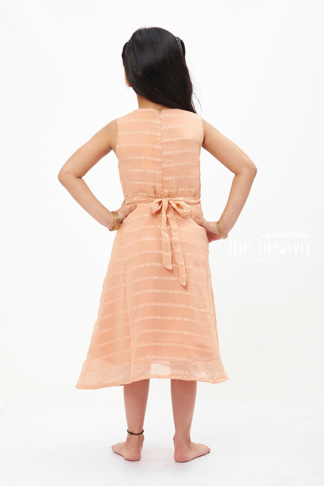 The Nesavu Girls Fancy Frock Orange Perfection Fancy Frock: Delicate Embroidery and Soft Stripes for Girls Nesavu Girls Orange Cotton Embroidered Frock | Elegant Party Wear for Kids | The Nesavu