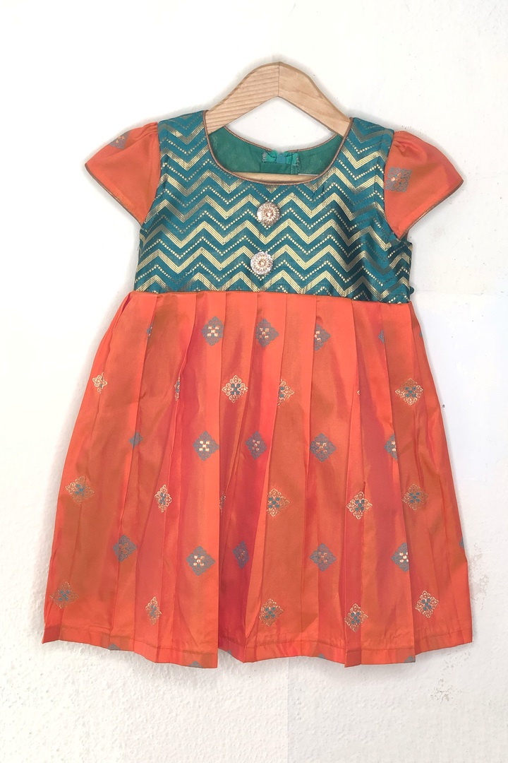 The Nesavu Silk Frock Orange Pleated Silk Frock With Banarasi Silk Contrasting Yoke Nesavu 16 (1Y) / Orange SF417-16 Infant Ethnic Design Ideas | Daily Wear Casuals Frocks | The Nesavu