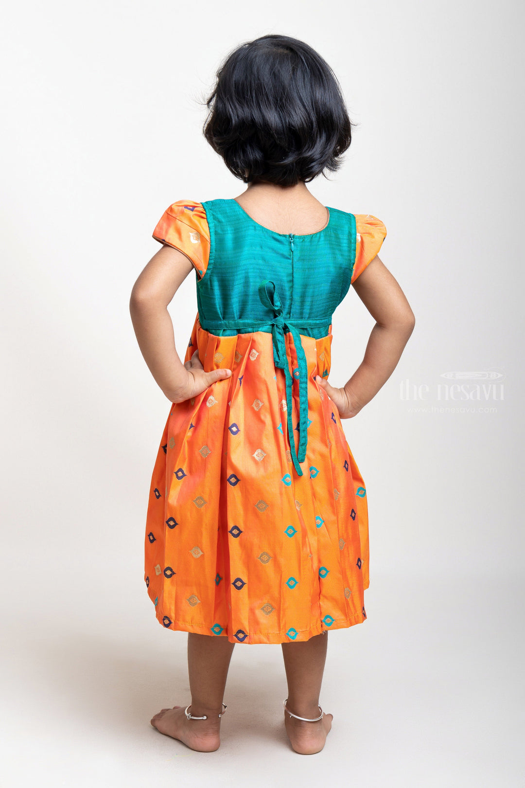 The Nesavu Silk Frock Orange Pleated Silk Frock With Banarasi Silk Contrasting Yoke psr silks Nesavu