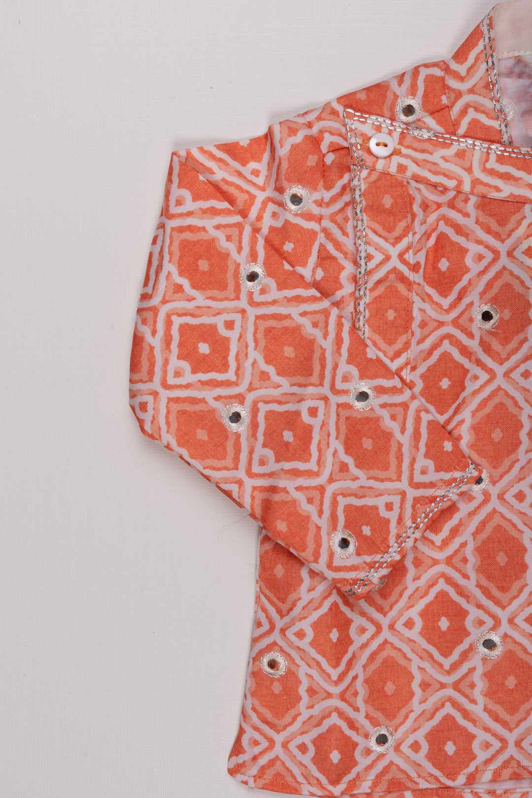 The Nesavu Boys Dothi Set Orange Radiance: Mirror-Embroidered Geometric Printed Kurta & Panjagacham Set for Boys Nesavu Classic Boys Kurta and Dhoti Combo | Timeless Panchagajam Styles | The Nesavu