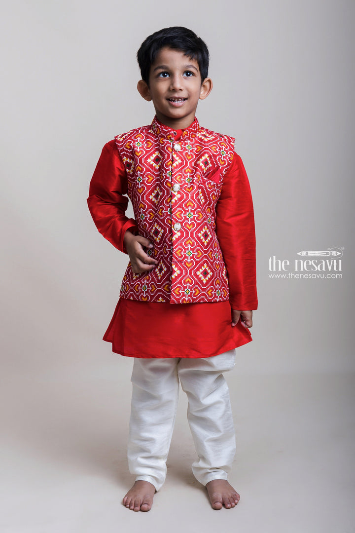 The Nesavu Boys Jacket Sets Orange Red Kurta Set With Patola Printed Overcoat For Little Boys Nesavu 14 (6M) / Red / Silk Blend BES266A-14 Orange Red Kurta And White Pant| Fresh Arrival| The Nesavu