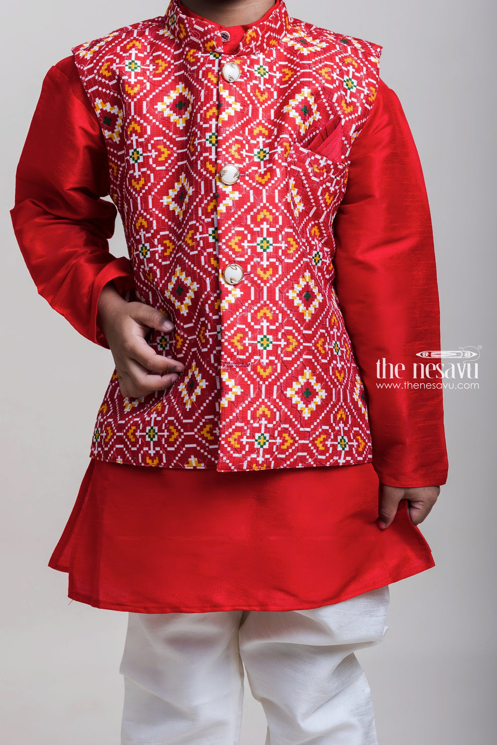 The Nesavu Boys Jacket Sets Orange Red Kurta Set With Patola Printed Overcoat For Little Boys Nesavu Orange Red Kurta And White Pant| Fresh Arrival| The Nesavu