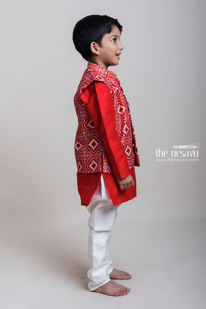 The Nesavu Boys Jacket Sets Orange Red Kurta Set With Patola Printed Overcoat For Little Boys Nesavu Orange Red Kurta And White Pant| Fresh Arrival| The Nesavu