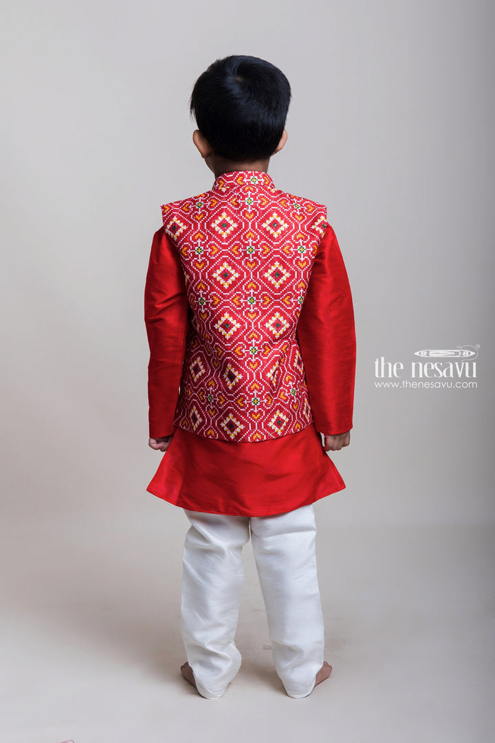 The Nesavu Boys Jacket Sets Orange Red Kurta Set With Patola Printed Overcoat For Little Boys Nesavu Orange Red Kurta And White Pant| Fresh Arrival| The Nesavu