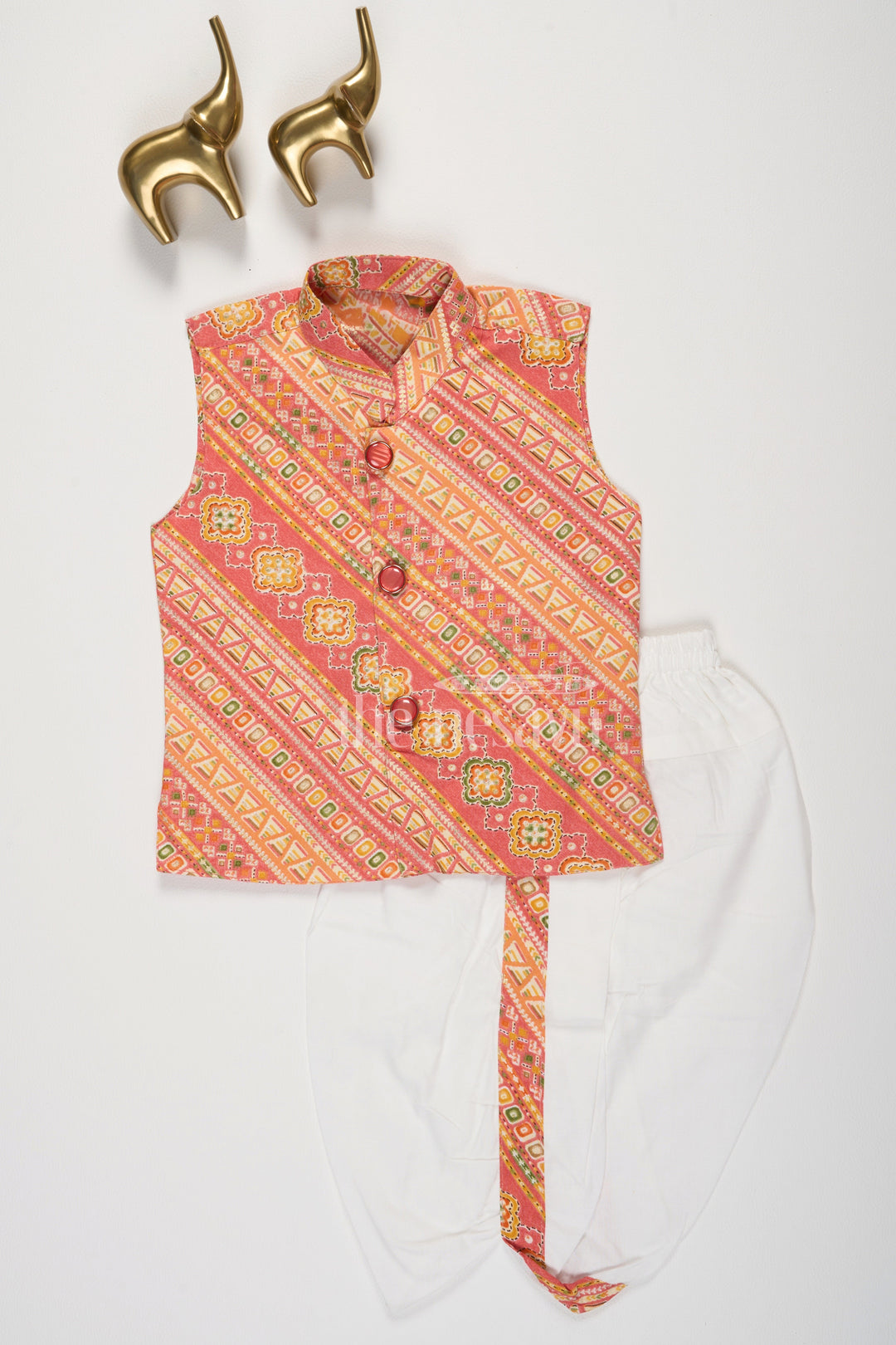 The Nesavu Boys Dothi Set Orange Semi-Linen Boys Dhoti Set with Geometric Print Vest Nesavu 12 (3M) / Orange BES570B-12 Orange Boys Dhoti Set Geometric Print Vest White Pants Festive Occasions