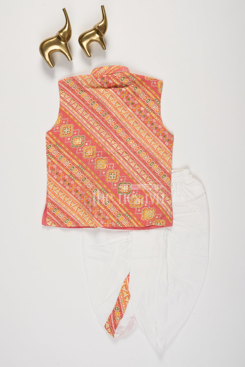 The Nesavu Boys Dothi Set Orange Semi-Linen Boys Dhoti Set with Geometric Print Vest Nesavu Orange Boys Dhoti Set Geometric Print Vest White Pants Festive Occasions