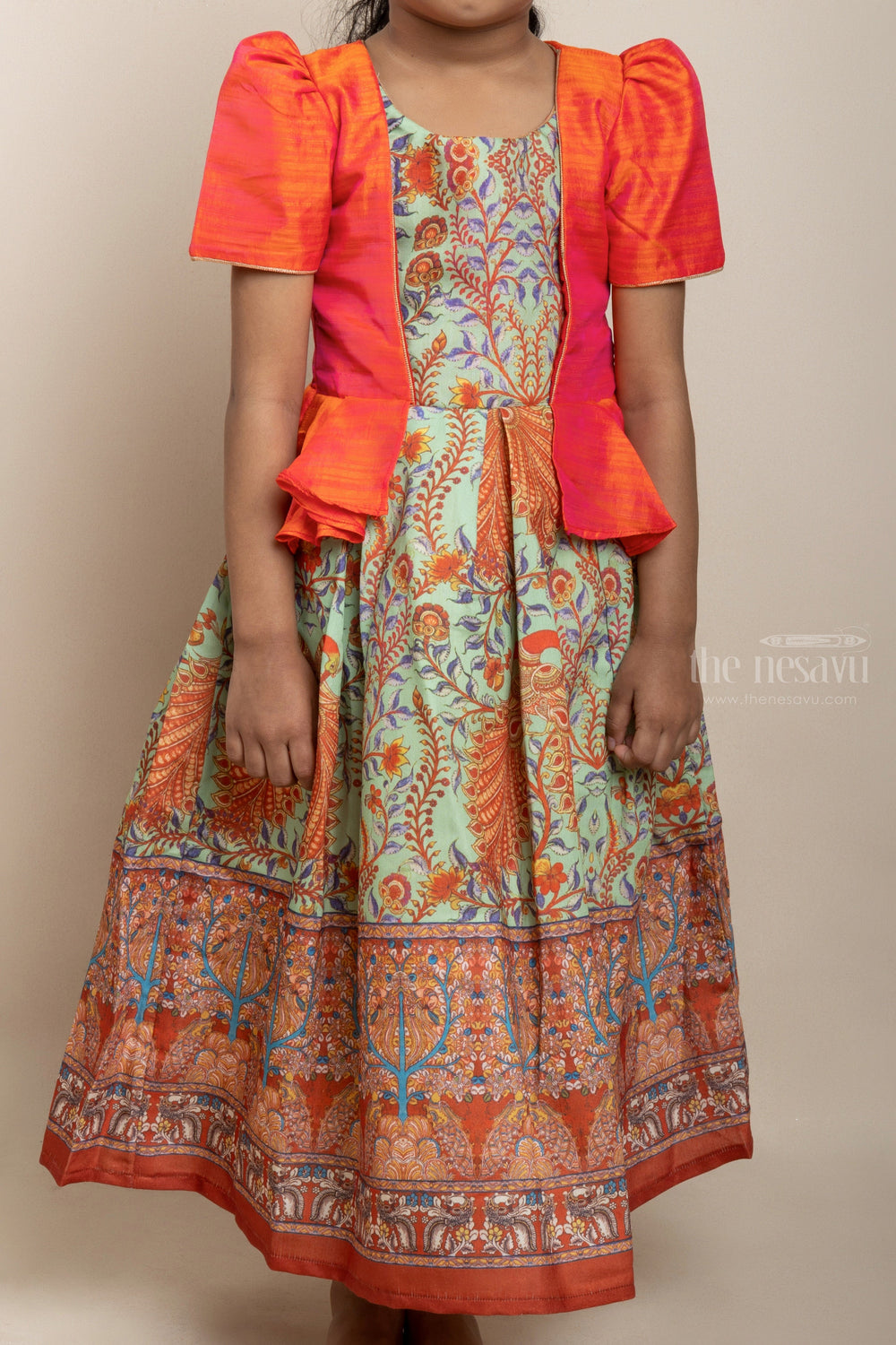 The Nesavu Silk Gown Orange Silk Cotton Floral Printed Anarkali For Little Girls With Overcoat Nesavu Shop Readymade Ethnics For Girls | Festive Wear Silk Cotton Dresses | The Nesavu