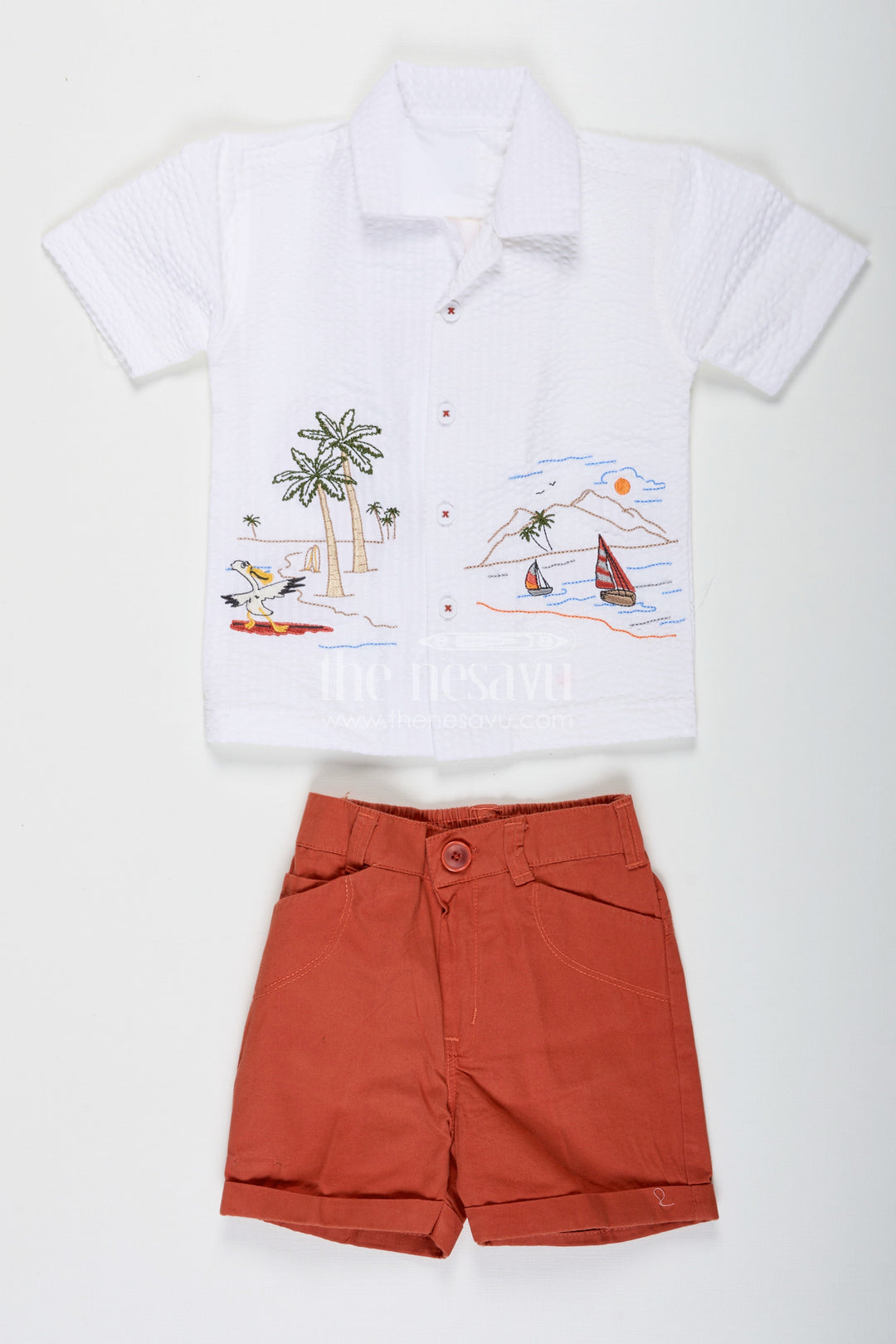 The Nesavu Boys Casual Set Orange Traditional Dress Set for Boys in Crush Cotton with Seaside Embroidery and Burnt Orange Shorts Nesavu 16 (1Y) / Orange BCS229A-16 Nesavu Orange Traditional Dress Set for Boys with Coastal Embroidery Shirt and Crush Cotton Burnt Orange Shorts