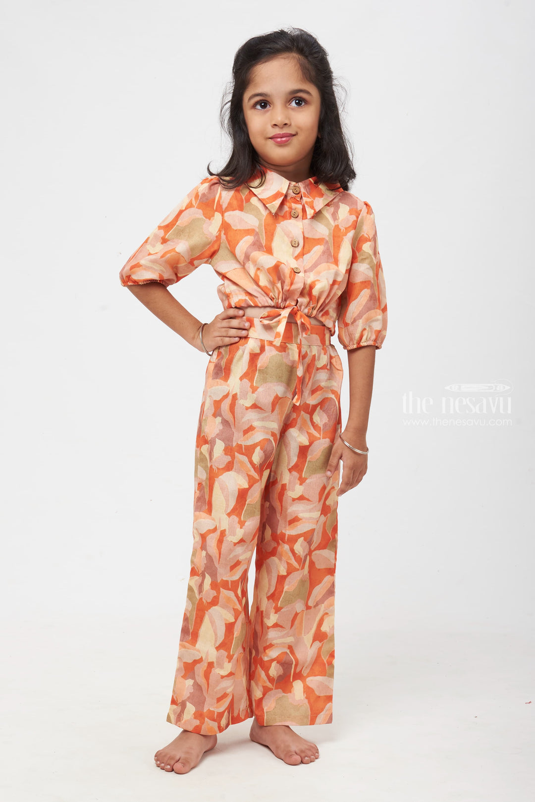 The Nesavu Girls Sharara / Plazo Set Orange Watercolor Elegance Two-Piece Outfit with Whimsical Patterns for Girls Nesavu 24 (5Y) / Orange / linen cotton GPS211A-24 Watercolor-Inspired Two-Piece Set | Artistic Kids Wear Collection | Trendy Tots - The Nesavu