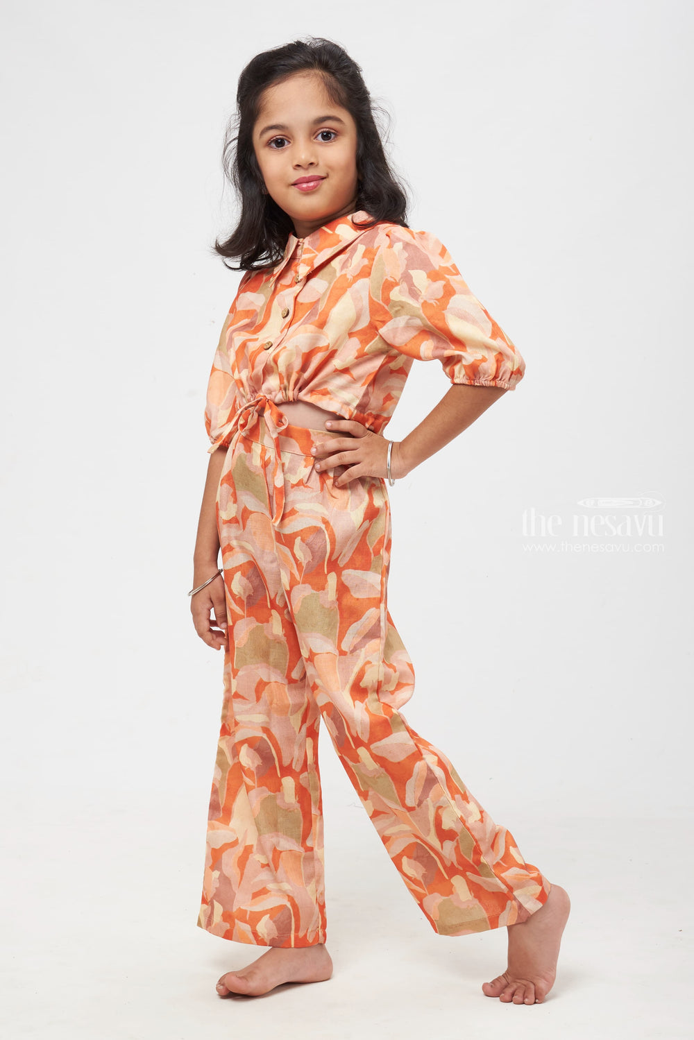 The Nesavu Girls Sharara / Plazo Set Orange Watercolor Elegance Two-Piece Outfit with Whimsical Patterns for Girls Nesavu Watercolor-Inspired Two-Piece Set | Artistic Kids Wear Collection | Trendy Tots - The Nesavu