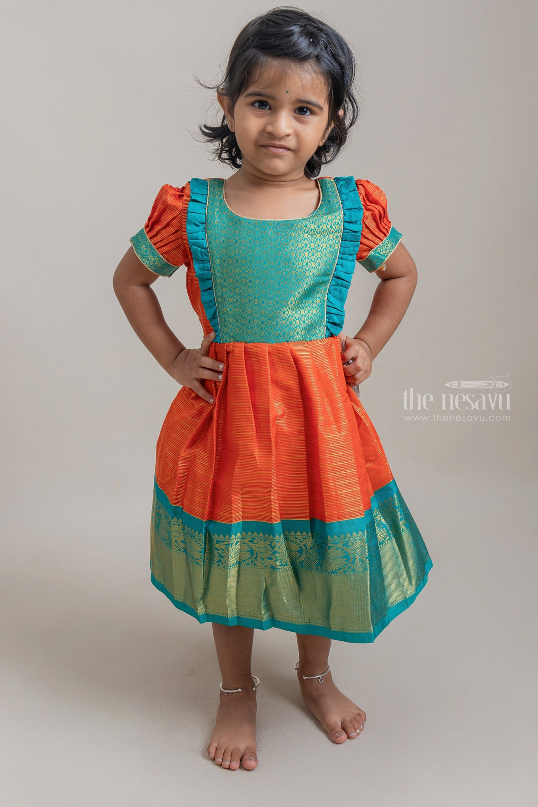 The Nesavu Girls Kanchi Silk Frock Orange With Blue Kanchi Silk Korva Border Pattu Frock For Baby Girls Nesavu 14 (6M) / Orange SF432A Buy Silk Dresses For Girls | Kids Festive Wear Collection Online | The Nesavu