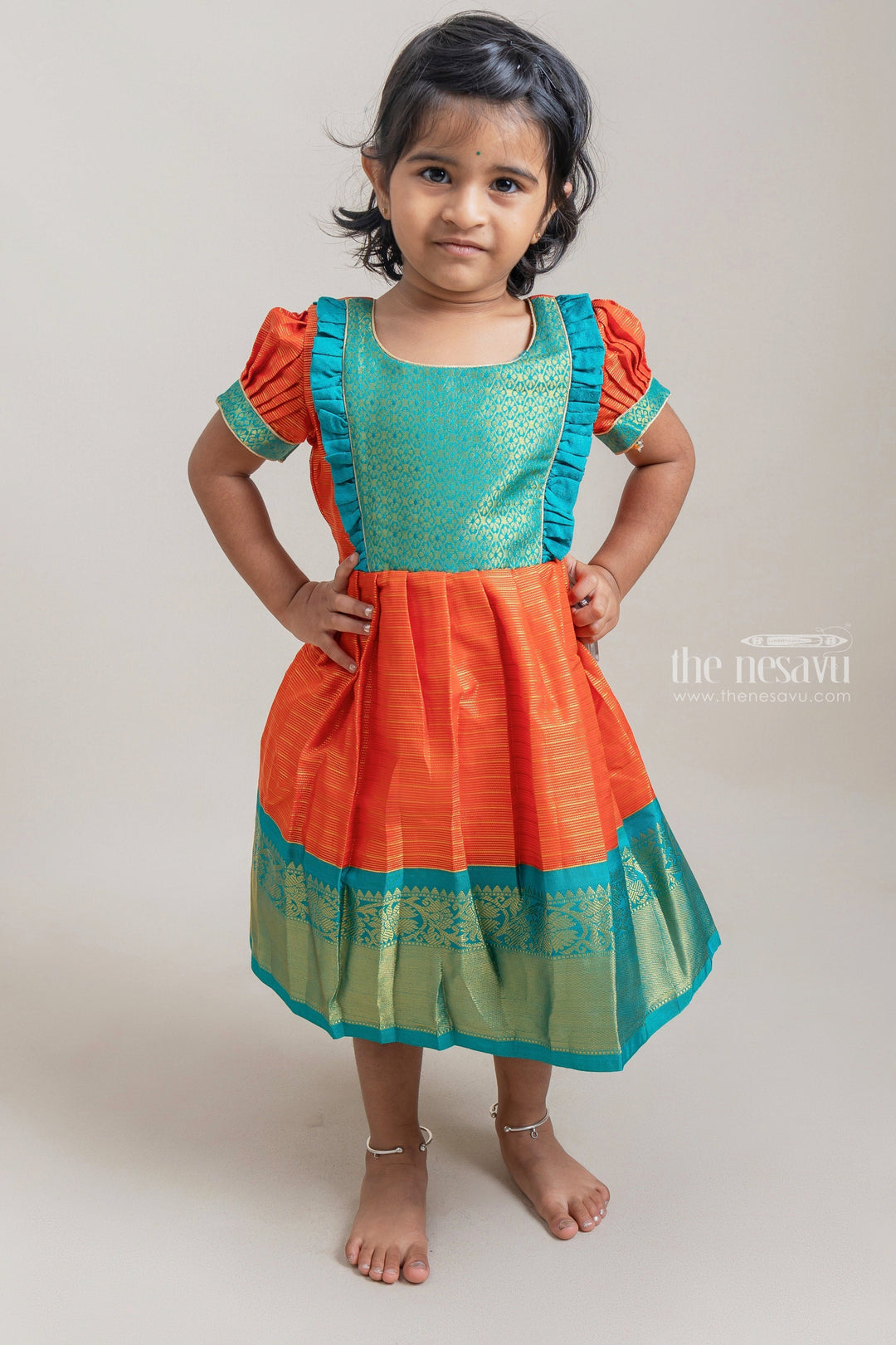 Banarasi Silk Ethnic Frocks For Baby Girl Orange With Blue Kanchi Silk Korva Border Pattu Frock For Baby Girls