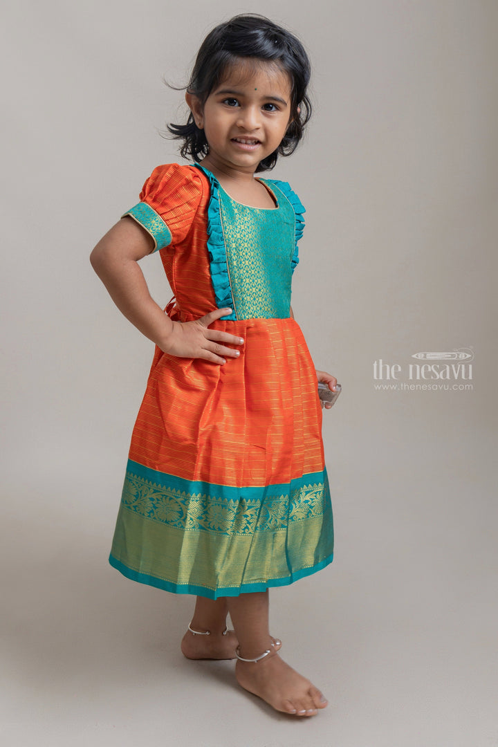 The Nesavu Girls Kanchi Silk Frock Orange With Blue Kanchi Silk Korva Border Pattu Frock For Baby Girls Nesavu Buy Silk Dresses For Girls | Kids Festive Wear Collection Online | The Nesavu