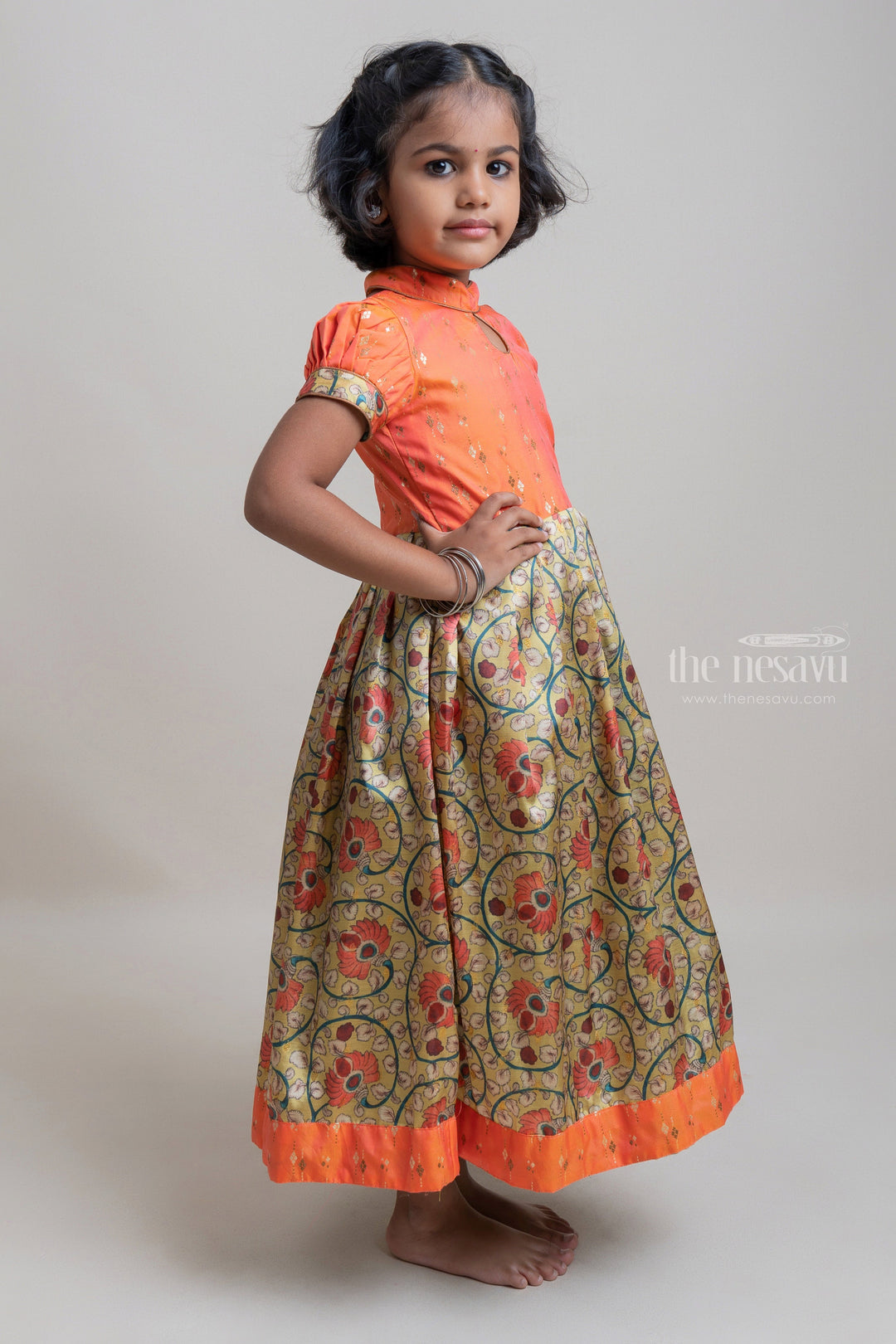 The Nesavu Silk Gown Orange Zari Butta Yoke With Semi Silk Kalamkari Floral Printed Anarkali For Girls Nesavu Ethnic Anarkali dresses for baby girls online | Festive wear Dresses | The Nesavu