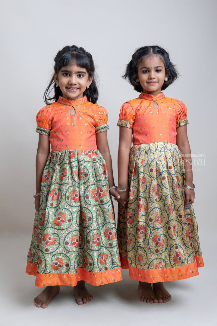 The Nesavu Silk Gown Orange Zari Butta Yoke With Semi Silk Kalamkari Floral Printed Anarkali For Girls Nesavu Ethnic Anarkali dresses for baby girls online | Festive wear Dresses | The Nesavu