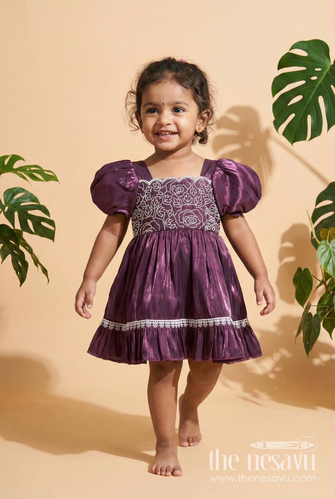 The Nesavu Girls Fancy Frock Organza Fancy Frock for Baby Girls with Embroidered Yoke and Layered Skirt Nesavu 14 (6M) / Maroon GFC1905C-14 Nesavu baby girl organza frock embroidery puff sleeves perfect festive celebrations