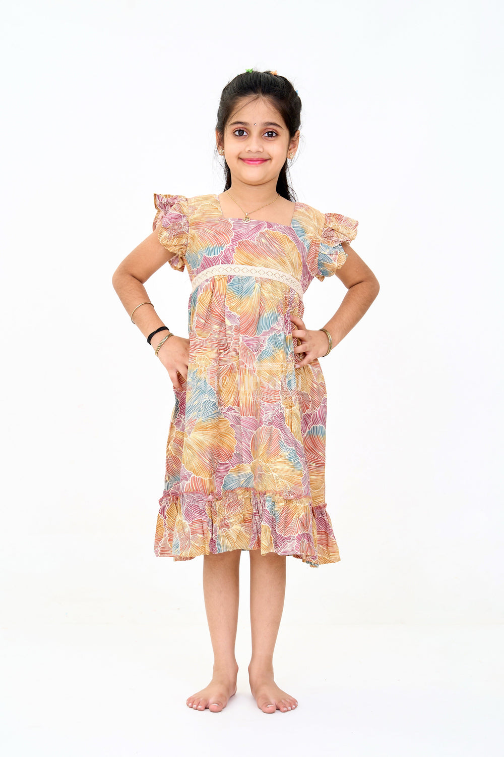 The Nesavu Girls Cotton Frock Organza Frock for Girls in Multicolor Leaf Pattern with Flared Design Nesavu 16 (1Y) / Multicolor GFC1588A-16 Nesavu Multicolor Leaf Pattern Organza Frock Girls Ruffle Hem