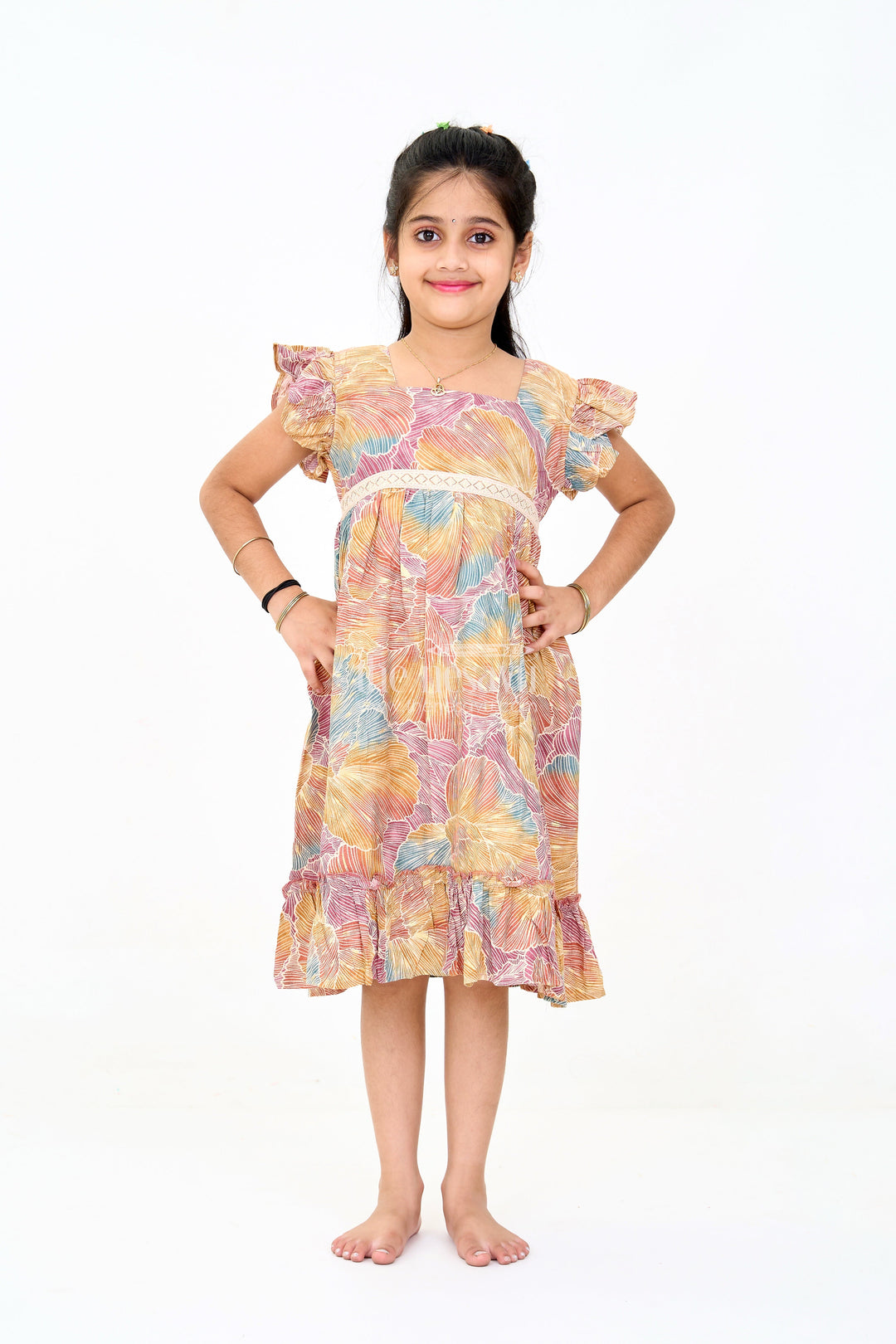 The Nesavu Girls Cotton Frock Organza Frock for Girls in Multicolor Leaf Pattern with Flared Design Nesavu 16 (1Y) / Multicolor GFC1588A-16 Nesavu Multicolor Leaf Pattern Organza Frock Girls Ruffle Hem