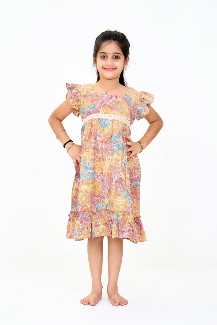 The Nesavu Girls Cotton Frock Organza Frock for Girls in Multicolor Leaf Pattern with Flared Design Nesavu 16 (1Y) / Multicolor GFC1588A-16 Nesavu Multicolor Leaf Pattern Organza Frock Girls Ruffle Hem