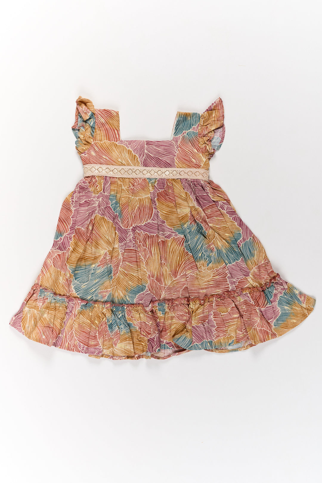 The Nesavu Girls Cotton Frock Organza Frock for Girls in Multicolor Leaf Pattern with Flared Design Nesavu Nesavu Multicolor Leaf Pattern Organza Frock Girls Ruffle Hem