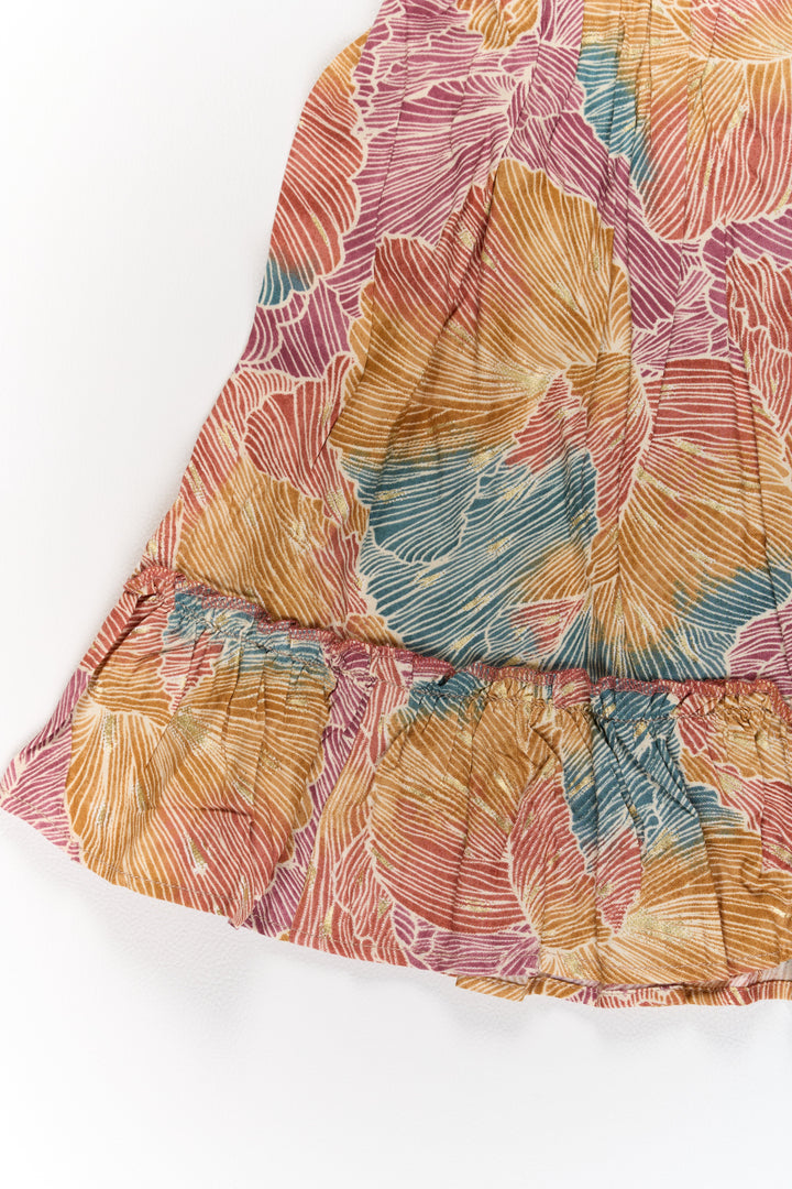 The Nesavu Girls Cotton Frock Organza Frock for Girls in Multicolor Leaf Pattern with Flared Design Nesavu Nesavu Multicolor Leaf Pattern Organza Frock Girls Ruffle Hem