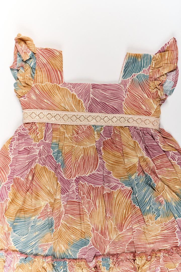 The Nesavu Girls Cotton Frock Organza Frock for Girls in Multicolor Leaf Pattern with Flared Design Nesavu Nesavu Multicolor Leaf Pattern Organza Frock Girls Ruffle Hem