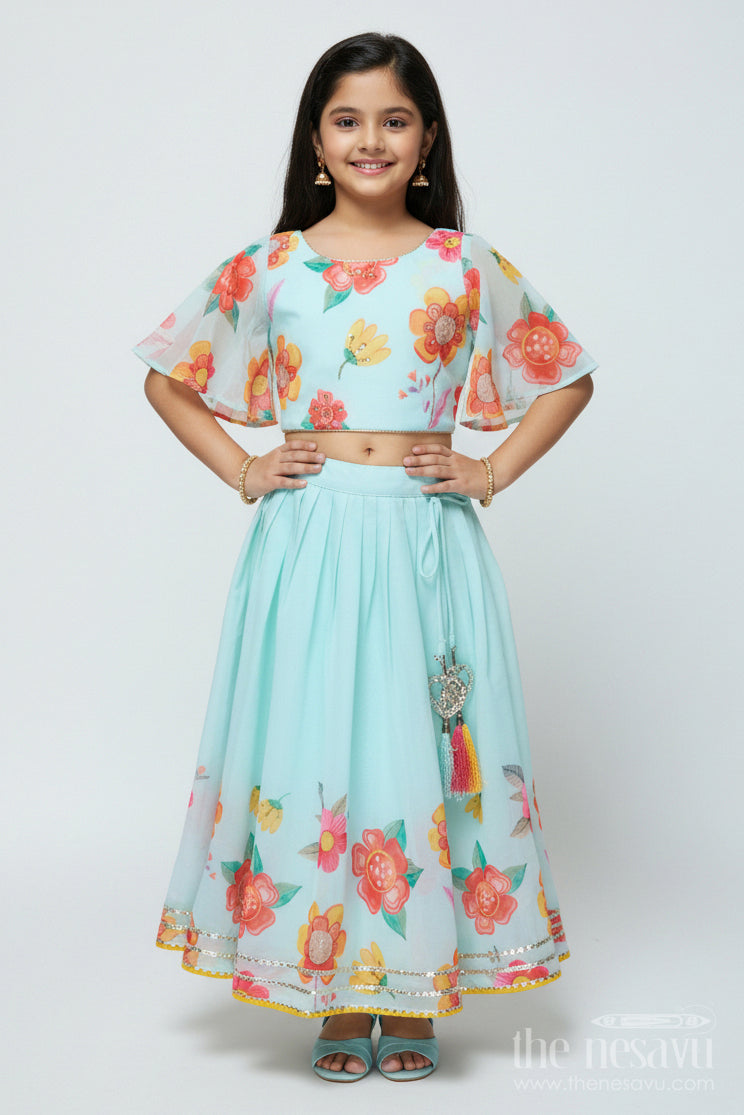 The Nesavu Girls Lehenga Choli Organza Lehenga Choli Set for Girls with Floral Print for Birthdays and Photoshoots Nesavu 16 (1Y) / Green GL762A-16 Nesavu organza lehenga choli set girls floral digital print ideal birthdays festive photoshoots