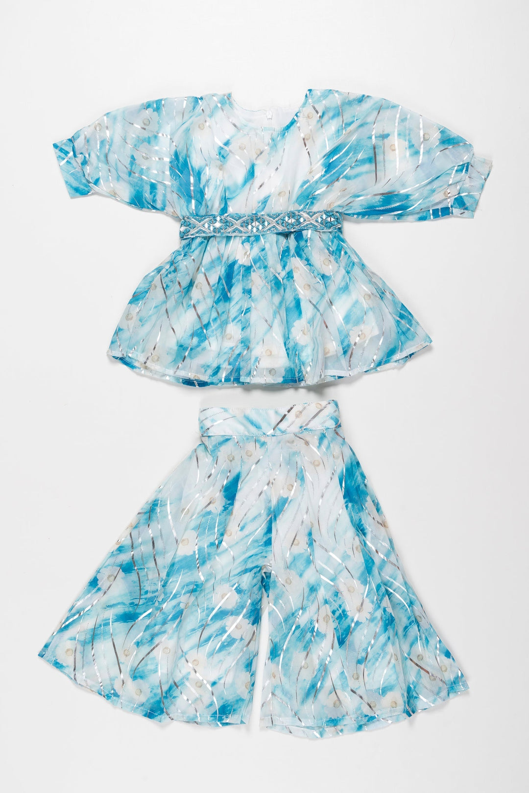 The Nesavu Girls Sharara / Plazo Set Organza Peplum Top and Palazzo Set for Enchanting Girl's Ensemble Nesavu 18 (2Y) / Blue / Organza GPS303A-18 Girls Organza Peplum Top and Palazzo Pants Set | The Nesavu