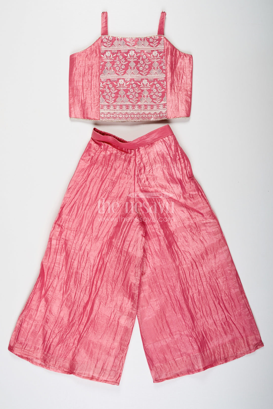 The Nesavu Girls Sharara / Plazo Set Organza Sharara Set for Girls with Sequence Embellished Jacket and Flared Palazzo Pants Nesavu Nesavu Girls Organza Sharara Set Sequence Embellished Jacket Palazzo Pants Rose Pink