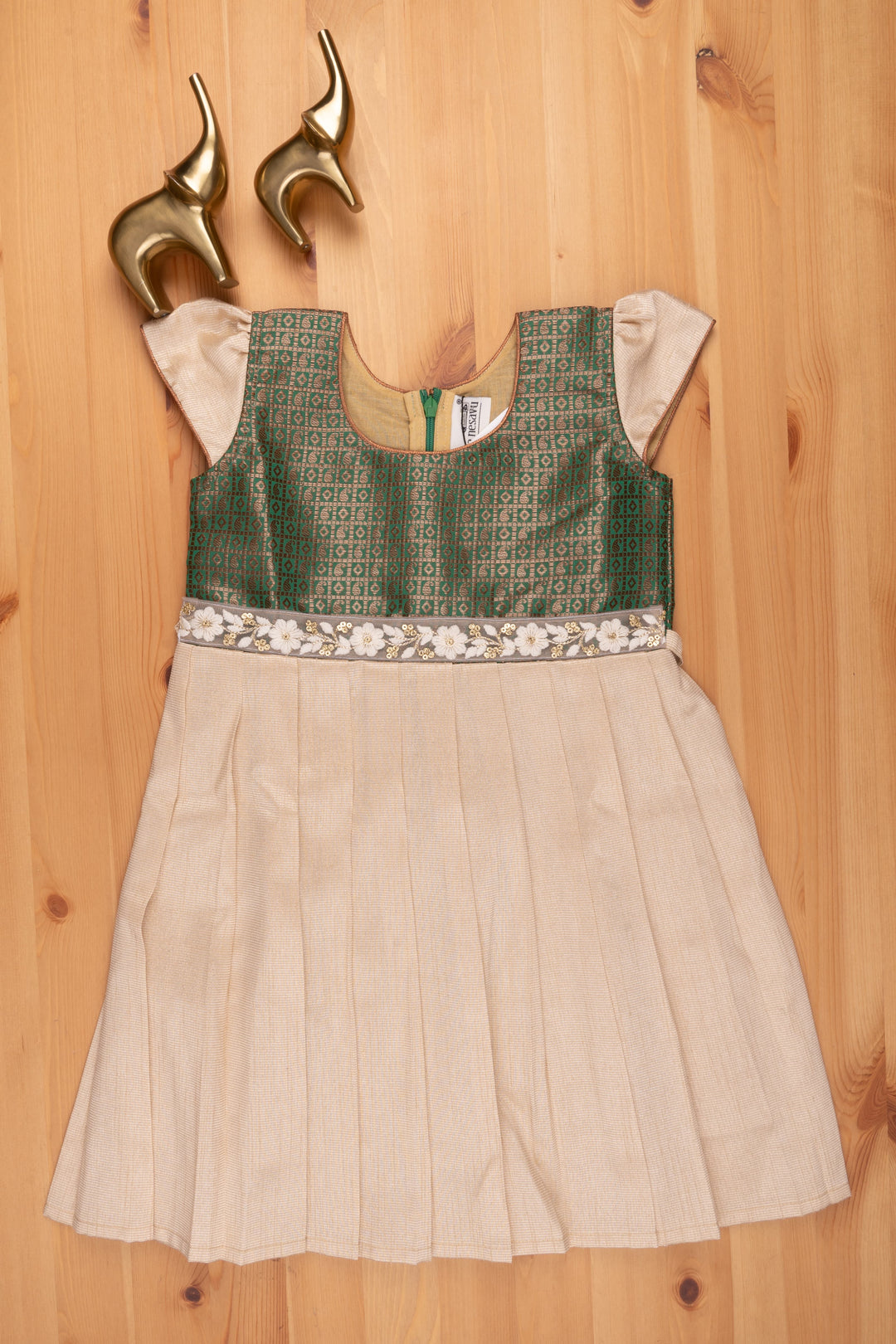 The Nesavu Silk Frock Paisley Designer Green Yoke N Pleated Beige Silk Frock With Floral Lace Embellishment Nesavu 20 (3Y) / Beige SF678 Paisley Designer Green Yoke N Beige Silk Frock | Silk Frock for Girls | The Nesavu