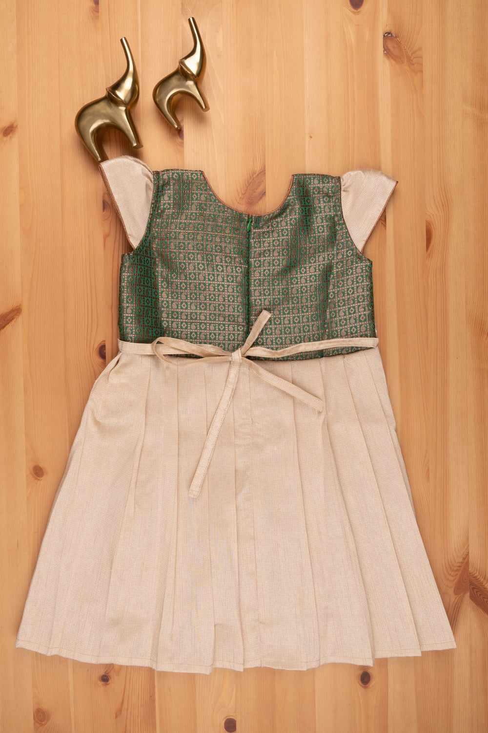 The Nesavu Silk Frock Paisley Designer Green Yoke N Pleated Beige Silk Frock With Floral Lace Embellishment Nesavu Paisley Designer Green Yoke N Beige Silk Frock | Silk Frock for Girls | The Nesavu