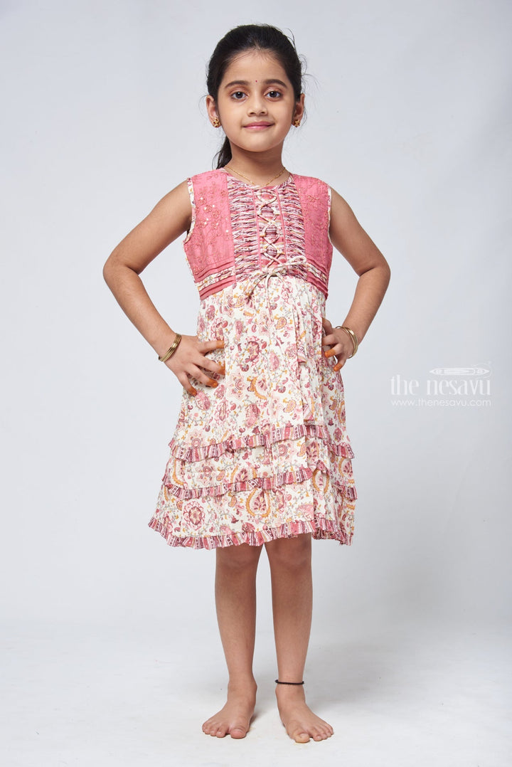 The Nesavu Girls Cotton Frock Paisley Half White Cotton Frock - Embroidered Salmon Girls Attire Nesavu 22 (4Y) / Half white / Cotton GFC1108B-22 Frocks And Gowns Cotton | Full Frock Cotton | The Nesavu