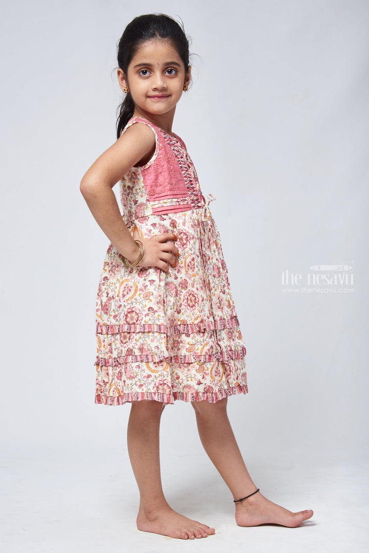 The Nesavu Girls Cotton Frock Paisley Half White Cotton Frock - Embroidered Salmon Girls Attire Nesavu Frocks And Gowns Cotton | Full Frock Cotton | The Nesavu