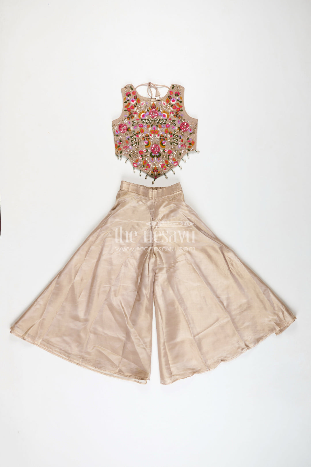 The Nesavu Girls Sharara / Plazo Set Palazzo Set for Girls with Rich Embroidered Crop Top and Sheer Dupatta in Glazed Organza Fabric Nesavu Nesavu Embroidered Palazzo Set Girls Designer Glazed Organza Statement Dupatta