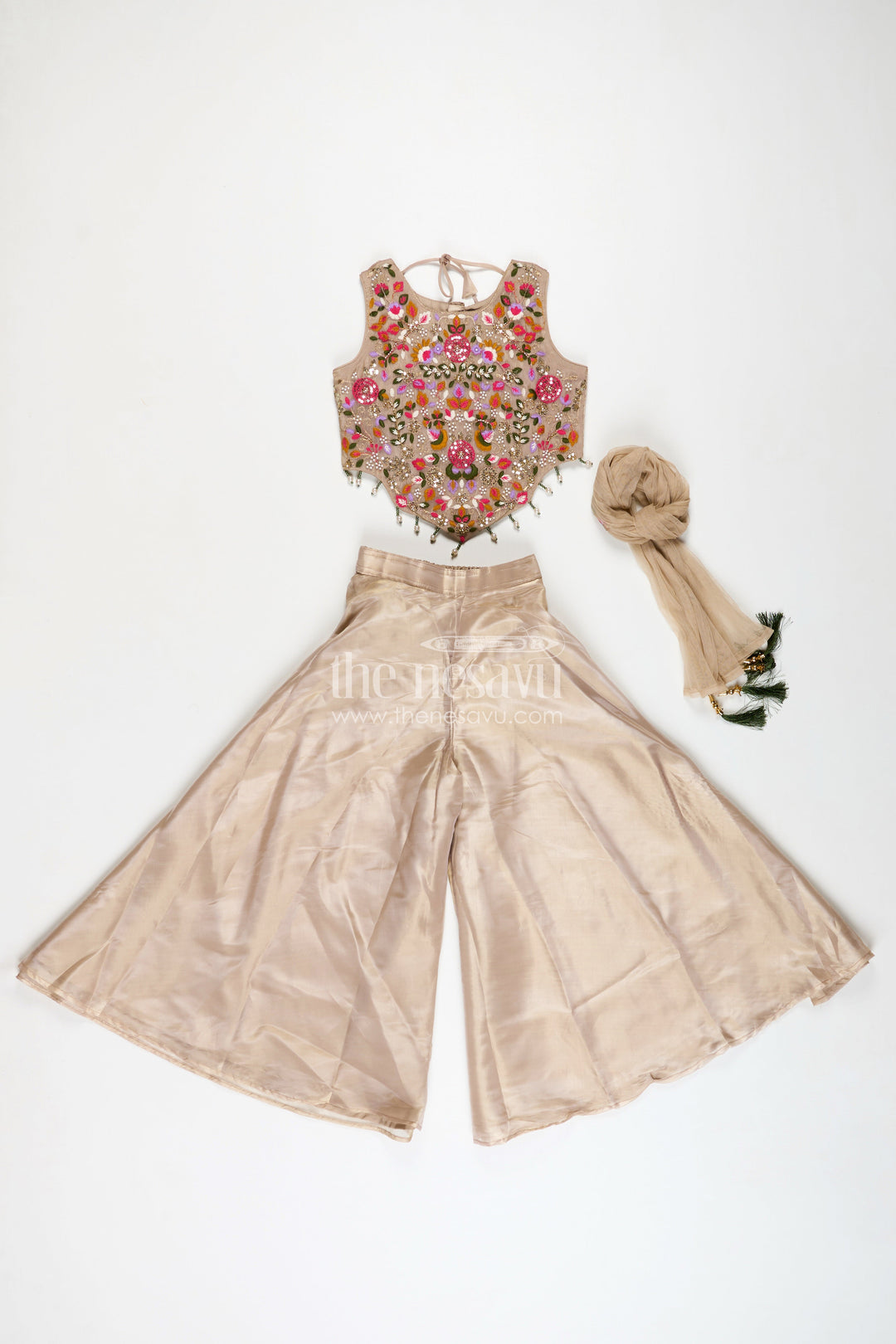 The Nesavu Girls Sharara / Plazo Set Palazzo Set for Girls with Rich Embroidered Crop Top and Sheer Dupatta in Glazed Organza Fabric Nesavu Nesavu Embroidered Palazzo Set Girls Designer Glazed Organza Statement Dupatta