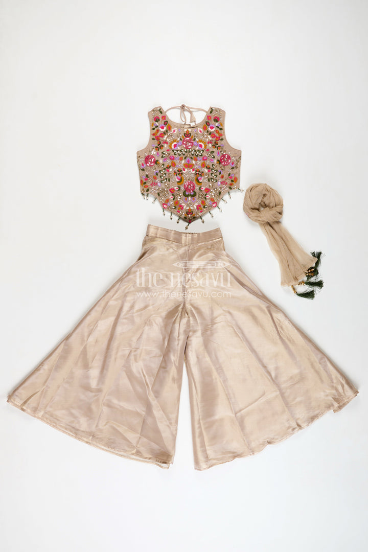 The Nesavu Girls Sharara / Plazo Set Palazzo Set for Girls with Rich Embroidered Crop Top and Sheer Dupatta in Glazed Organza Fabric Nesavu Nesavu Embroidered Palazzo Set Girls Designer Glazed Organza Statement Dupatta