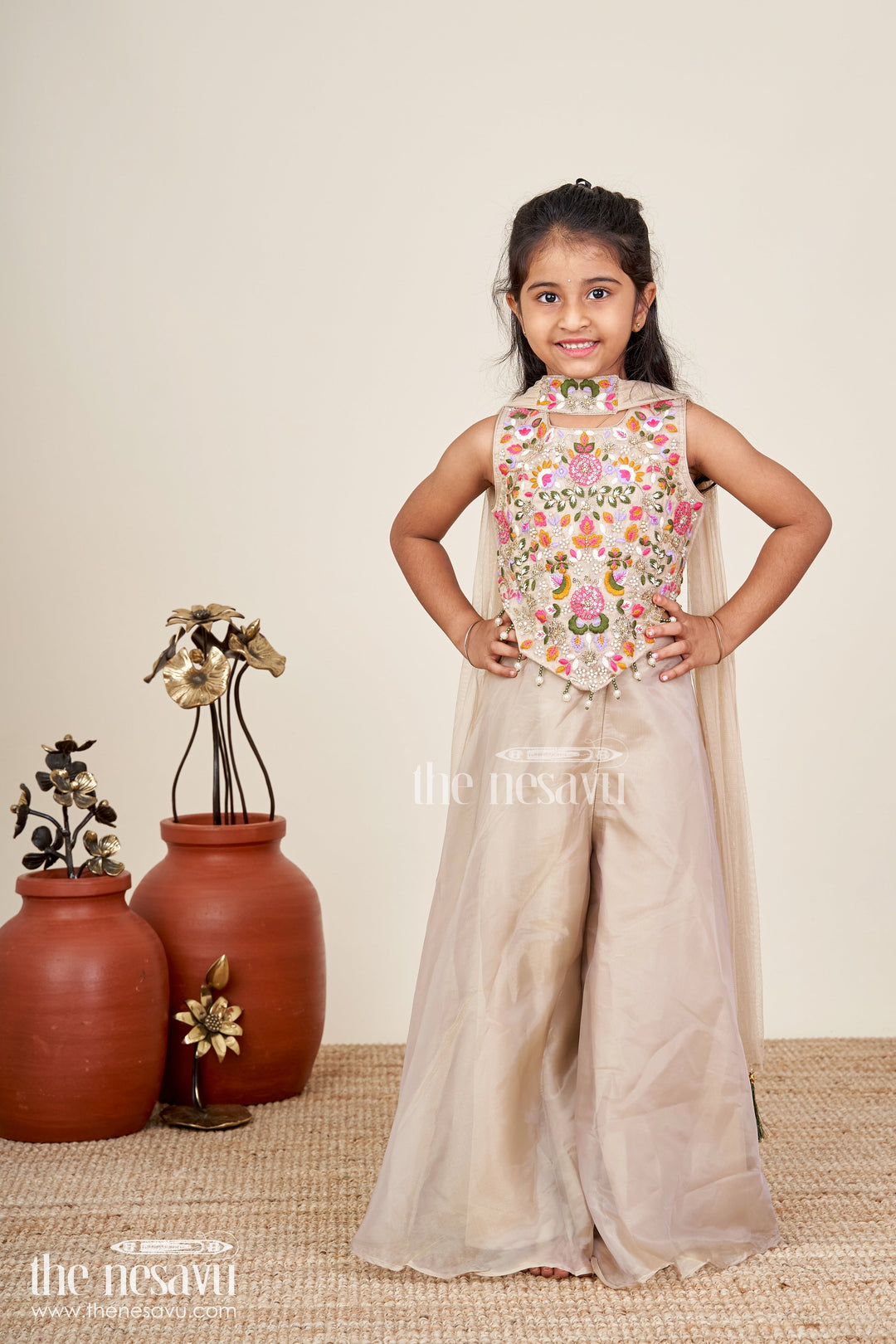 The Nesavu Girls Sharara / Plazo Set Palazzo Set for Girls with Rich Embroidered Crop Top and Sheer Dupatta in Glazed Organza Fabric Nesavu Nesavu Embroidered Palazzo Set Girls Designer Glazed Organza Statement Dupatta