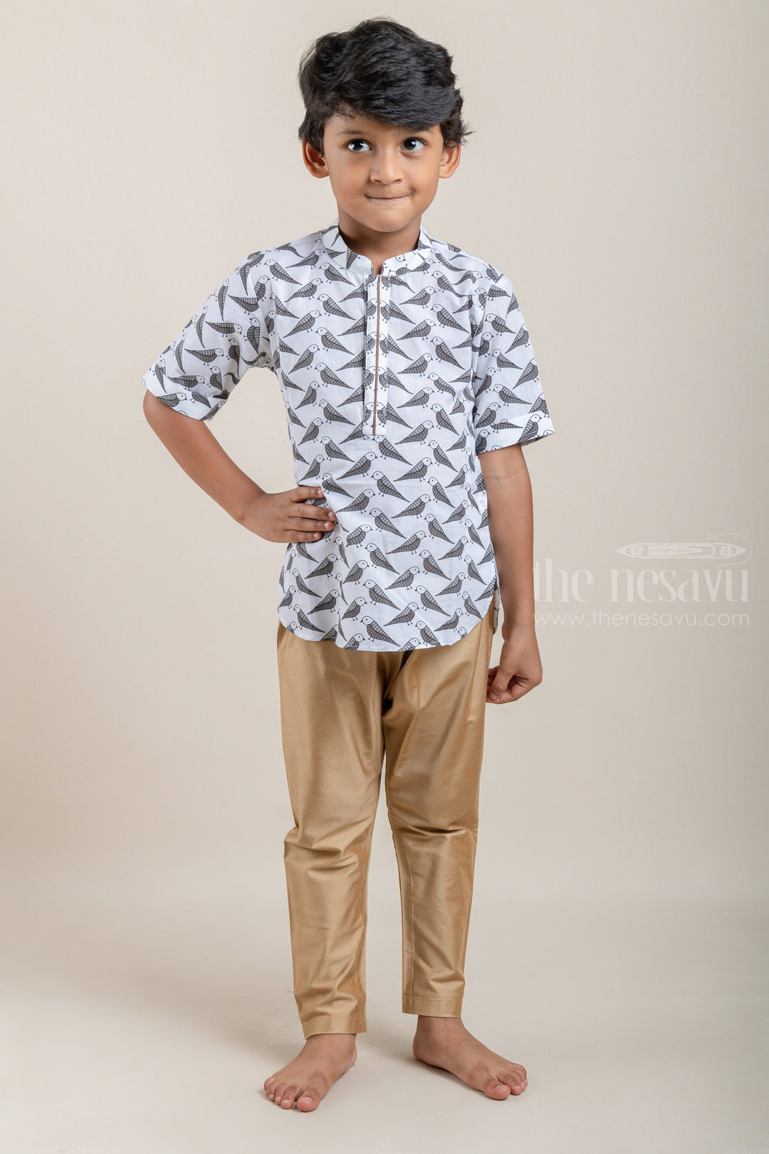 The Nesavu Boys Kurtha Shirt Parrot All Over Printed White Cotton Shirt For Boys Nesavu 12 (3M) / White / Cotton BS017 Premium Boys Shirts | latest cotton Shirts | The Nesavu