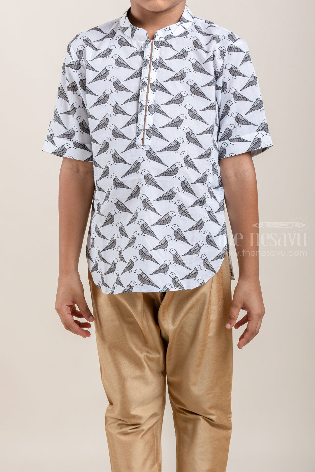 The Nesavu Boys Kurtha Shirt Parrot All Over Printed White Cotton Shirt For Boys Nesavu Premium Boys Shirts | latest cotton Shirts | The Nesavu