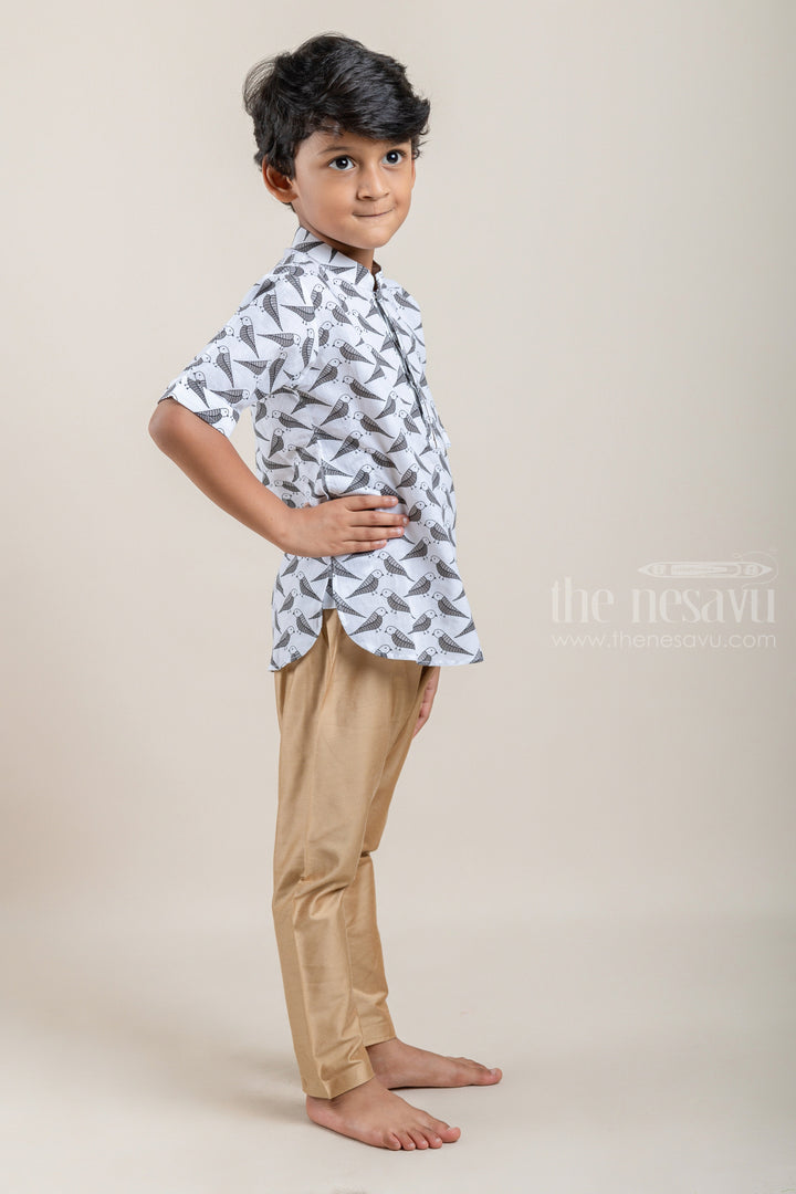 The Nesavu Boys Kurtha Shirt Parrot All Over Printed White Cotton Shirt For Boys Nesavu Premium Boys Shirts | latest cotton Shirts | The Nesavu