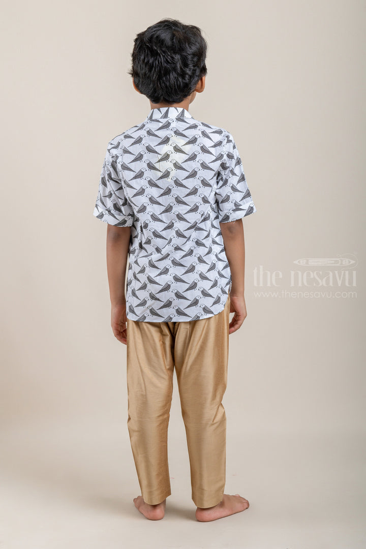 The Nesavu Boys Kurtha Shirt Parrot All Over Printed White Cotton Shirt For Boys Nesavu Premium Boys Shirts | latest cotton Shirts | The Nesavu