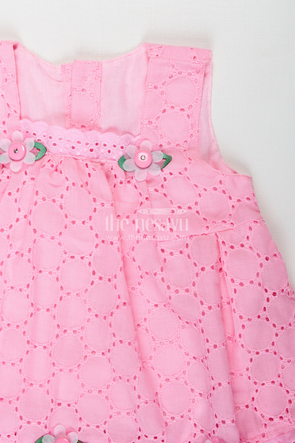 The Nesavu Baby Cotton Frocks Party Cotton Dress for Girls Hakoba Bloomer Set Nesavu Nesavu Pink Cotton Embroidered Party Frock Girls Floral Trim Matching Bloomer