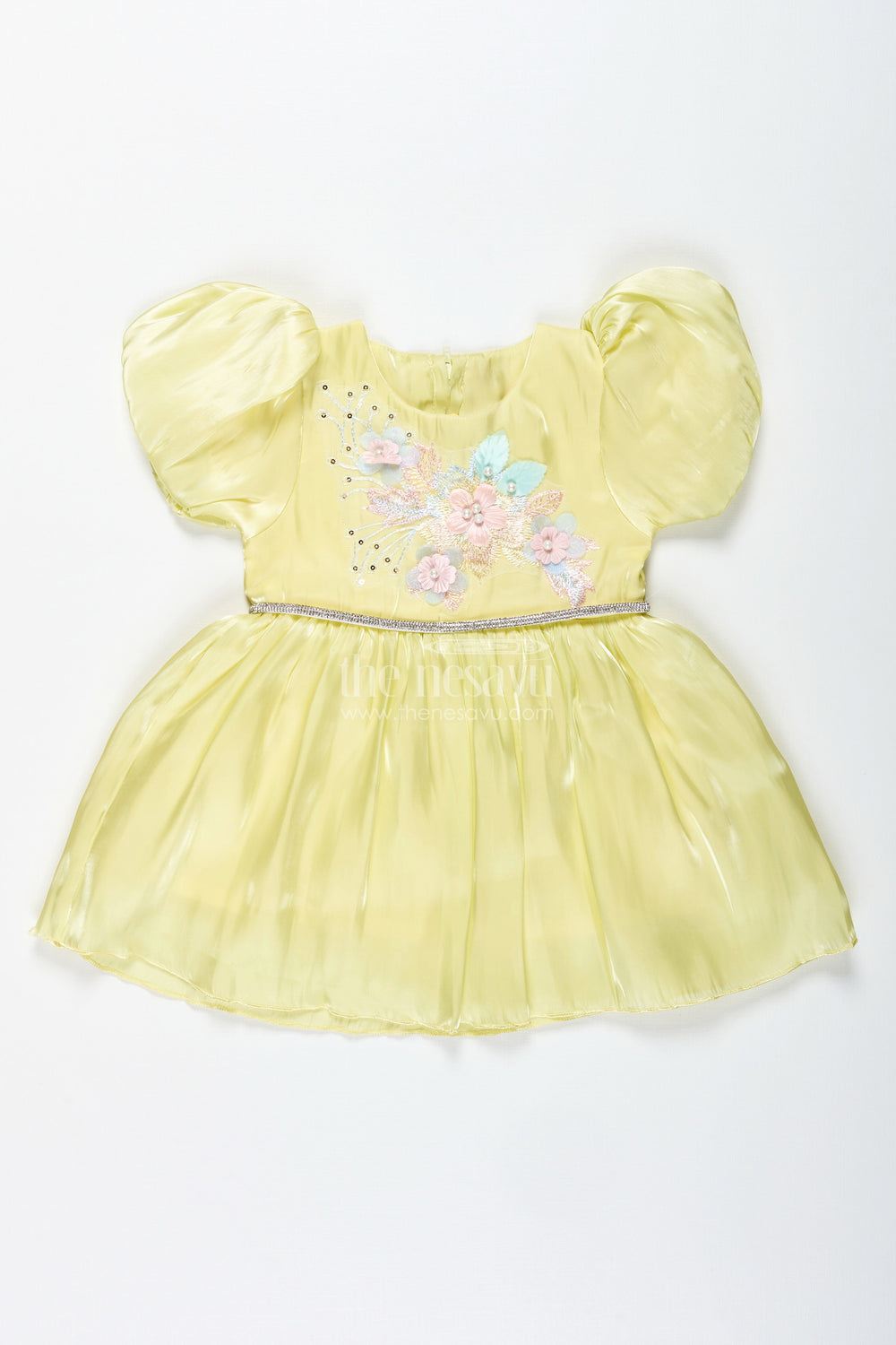 The Nesavu Baby Fancy Frock Party Frock for Baby Girls with Embroidery and Puff Sleeves Nesavu 14 (6M) / Yellow BFJ836A-14 Nesavu Yellow Satin Organza Embroidered Party Frock Baby Girls Floral Embellishments Puff Sleeves